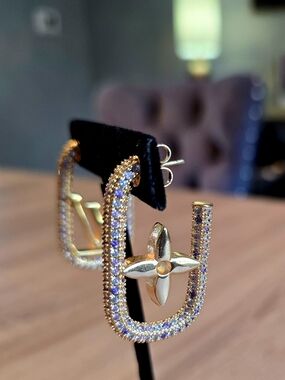 Gold And Rhinestone Floral Rectangular Logo Hoop Earrings
